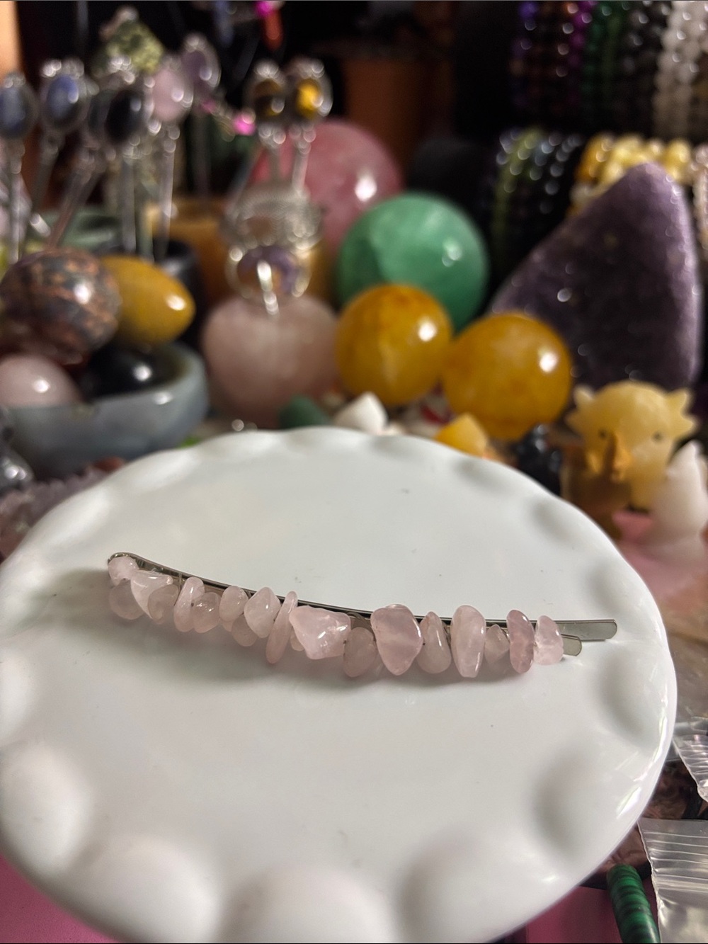 Rose Quartz Chip Hair Barrette - Pink Hair Accessory
